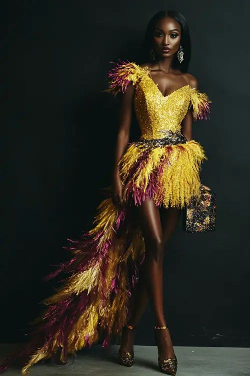 A woman styled in a sparkling feather-trimmed dress, paired with strappy heels and a bold clutch 