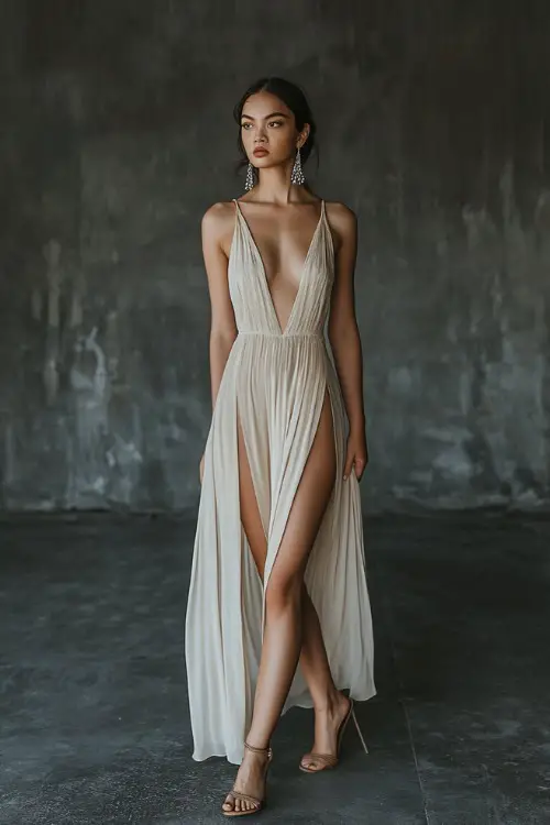 A woman wearing a deep V-neckline maxi dress with side slits, styled with heeled sandals and statement earrings (2)