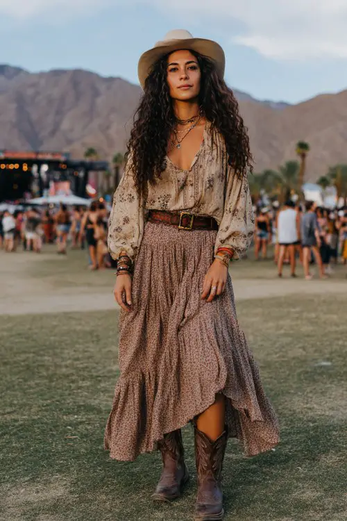 A woman wearing a loose embroidered blouse tucked into a tiered maxi skirt, wide western belt and classic cowboy boots