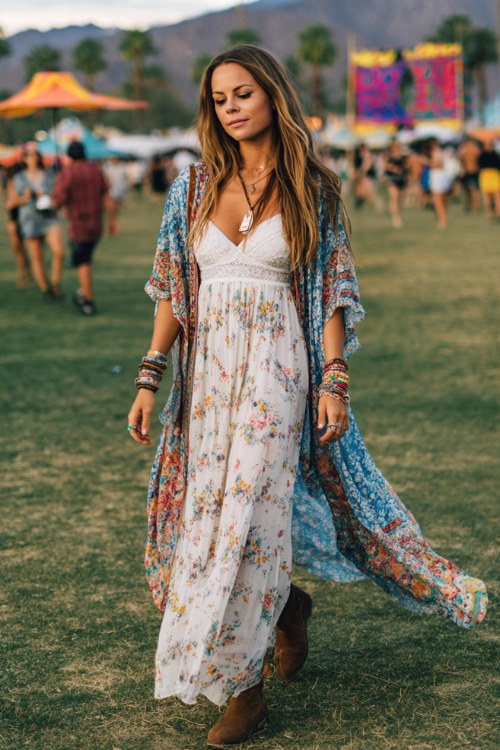 A woman wearing a modest boho outfit with a long floral maxi dress layered with a lightweight embroidered kimono, stacked bracelets and ankle boots