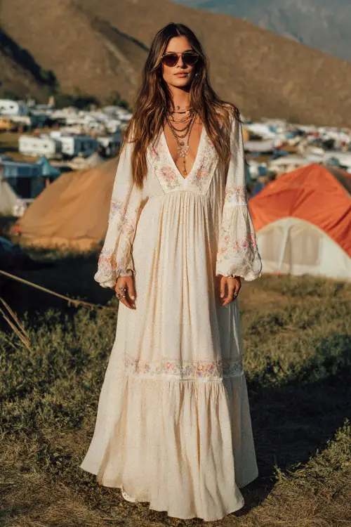 A woman wearing a modest embroidered boho maxi dress with long bell sleeves, delicate floral embroidery and flowing fabric, ankle-length silhouette with a slightly deep neckline