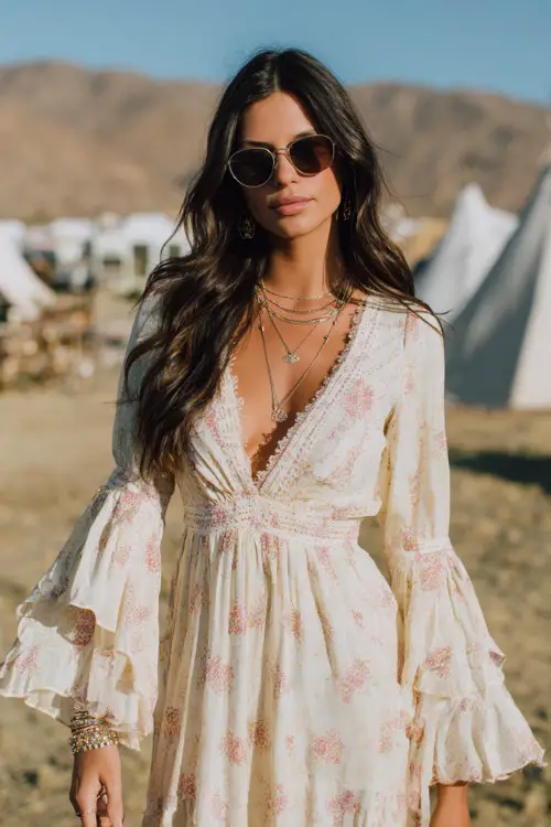 A woman wearing a modest embroidered boho maxi dress with long bell sleeves, delicate floral embroidery