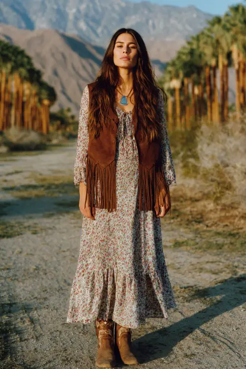 A woman wearing a modest floral maxi dress with long sleeves layered with a brown suede fringe vest, styled with cowboy boots and turquoise jewelry