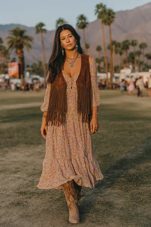 A woman wearing a modest floral maxi dress with long sleeves layered with a brown suede fringe vest, styled with cowboy boots and turquoise jewelry