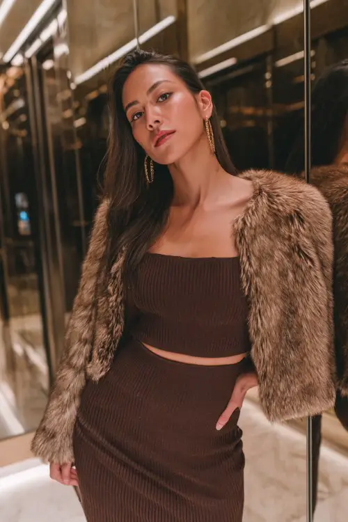 A woman wears a chocolate brown knit bodycon dress with a cropped fur jacket and hoop earrings
