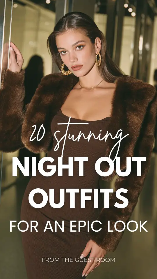 A woman wears a chocolate brown knit bodycon dress with a cropped fur jacket outfit for going out at night