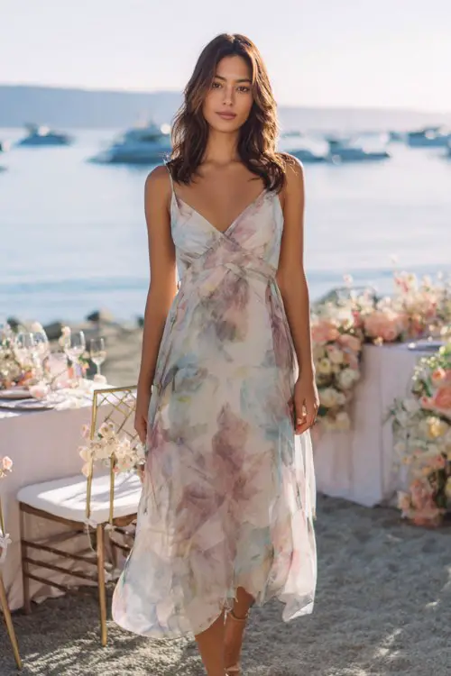 A woman wears a classy spring beach wedding guest dress in airy chiffon with soft watercolor floral print, flowing midi silhouette and delicate straps, paired with elegant heeled sandals