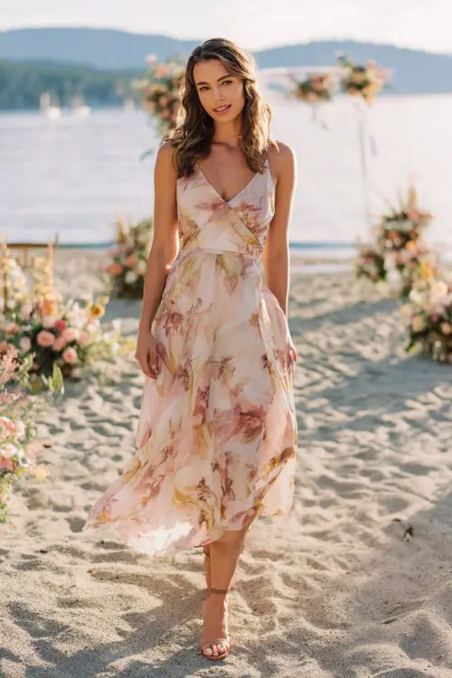 A woman wears a classy spring beach wedding guest dress in airy chiffon with soft watercolor floral print, flowing midi silhouette and delicate straps