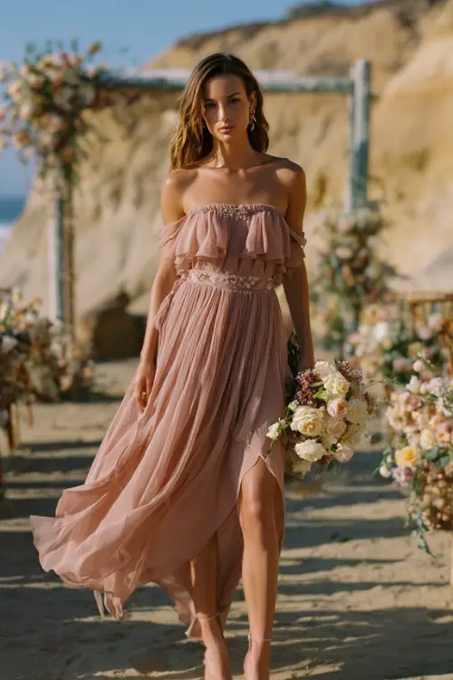 A woman wears a flowy blush chiffon cocktail dress with soft pleated layers, subtle floral embroidery on the bodice, and a romantic airy silhouette