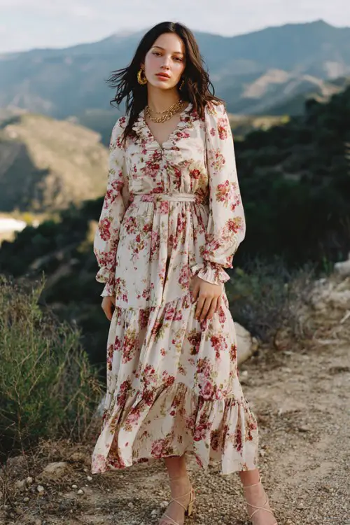 A woman wears a modest floral maxi dress with long sleeves, soft ruffle hem and cinched waist, paired with elegant sandals and delicate accessories