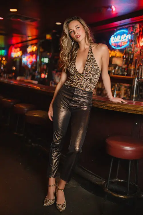 A woman wears a silky halter top with faux leather leggings and animal print heels