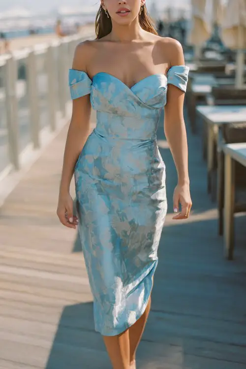 A woman wears a sophisticated off-shoulder satin midi dress in pale blue with subtle floral jacquard texture, styled with elegant heels