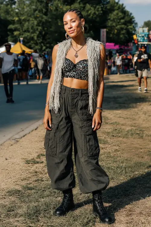 A woman wears a sparkly sequin bralette with wide-leg cargo pants and sleek black boots, layered with a lightweight fringe vest and bold rings