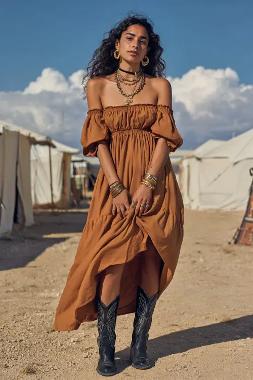 A woman wears black cowboy boots with a breezy off-shoulder maxi dress in earthy tones, accessorized with statement earrings and layered chains