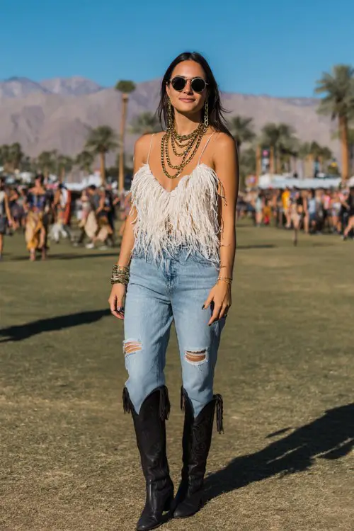 A woman wears black cowboy boots with high-rise ripped jeans and a dramatic feather-trimmed top
