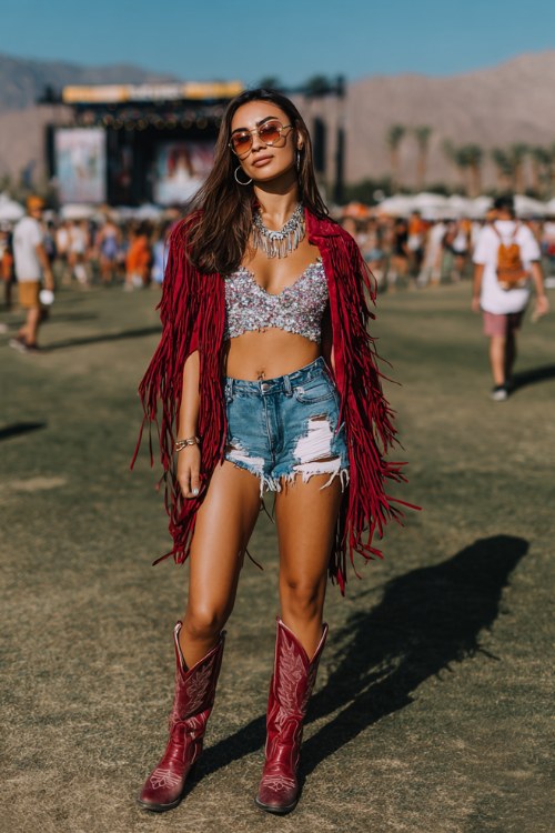 A woman wears bold red cowboy boots with distressed denim shorts and a rhinestone-studded crop top, layered with a dramatic fringe jacket and stacked silver necklaces