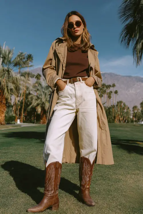 A woman wears brown cowboy boots with high-rise straight jeans and a fitted knit top, layered with a lightweight trench coat and statement sunglasses