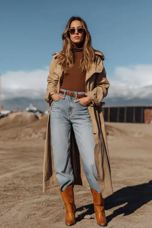 A woman wears brown cowboy boots with high-rise straight jeans and a fitted knit top, layered with a lightweight trench coat and statement sunglasses