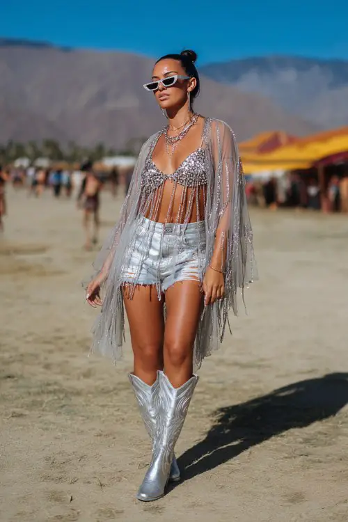 A woman wears chrome silver cowboy boots with high-cut distressed shorts, a crystal fringe bralette and oversized sheer duster