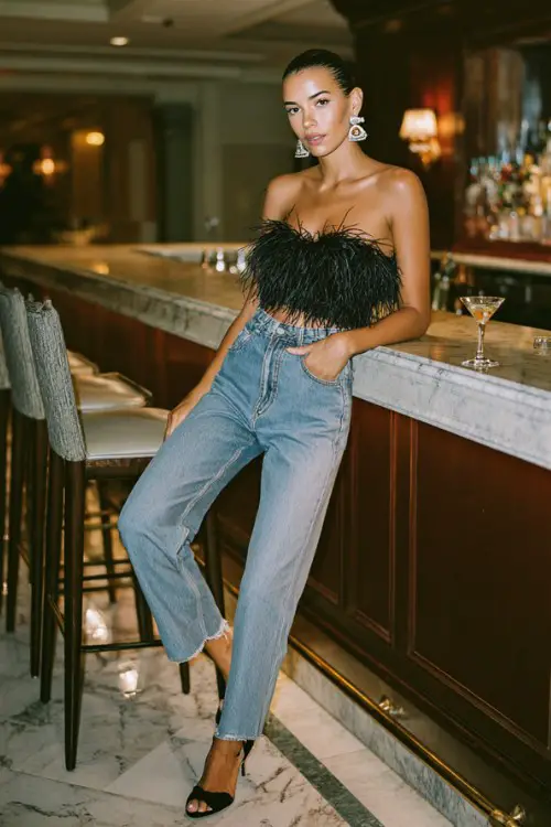 A woman wears high-rise straight-leg jeans with a feather-trimmed crop top, sleek black heels, and bold earrings