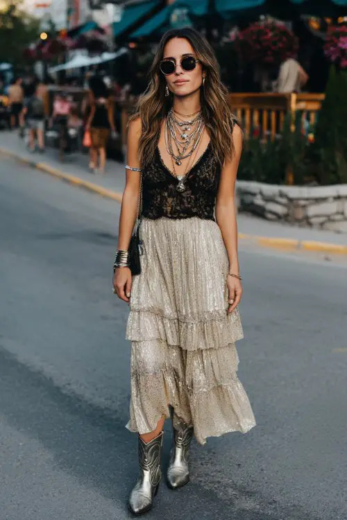 A woman wears metallic cowboy boots with a tiered chiffon maxi skirt and fitted lace top, accessorized with layered necklaces and bold sunglasses