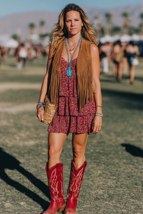 A woman wears red cowboy boots with a tiered floral mini dress and suede fringe vest, styled with layered turquoise necklaces and a woven crossbody bag