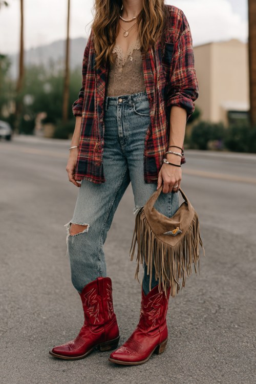A woman wears red cowboy boots with distressed straight-leg jeans and a lace-trim camisole, layered with a relaxed plaid shirt and a fringe bag