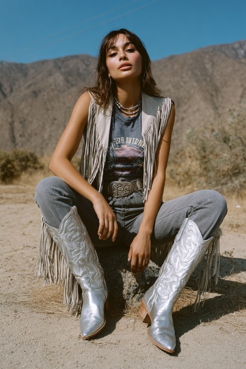 A woman wears silver cowboy boots with high-waisted flare jeans and a fitted graphic crop tee, layered with a dramatic fringe vest and statement belt