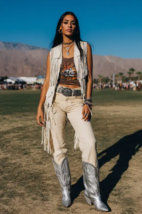A woman wears silver cowboy boots with high-waisted flare jeans and a fitted graphic crop tee, layered with a dramatic fringe vest and statement belt