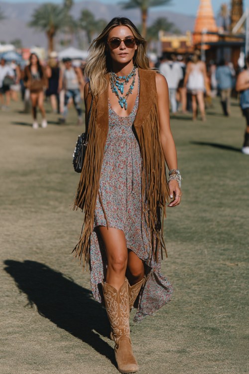 A woman wears tan cowboy boots with a flowing embroidered maxi dress featuring long sleeves and a high neckline, styled with a suede fringe vest and layered turquoise necklaces