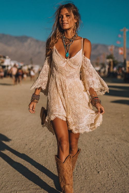 A woman wears tan cowboy boots with a flowy crochet maxi dress featuring bell sleeves and intricate lace details, styled with layered turquoise necklaces and stacked bangles (2)