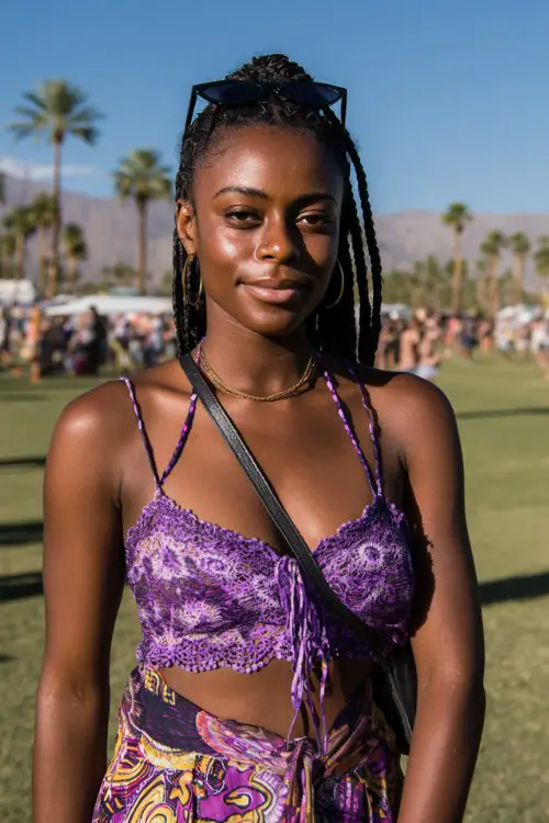 Black woman wears a purple two piece set with a black handbag and sunglasses