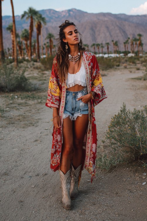 Bohemian festival outfit, long embroidered kimono over white crop top and high waisted denim shorts, ankle cowboy boots