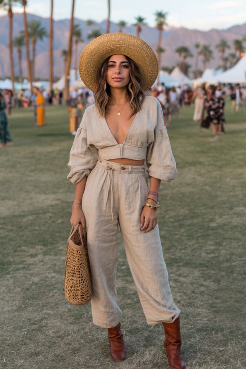 Boho festival street style, woman wearing beige linen two-piece set, oversized straw hat, leather ankle boots, woven tote bag