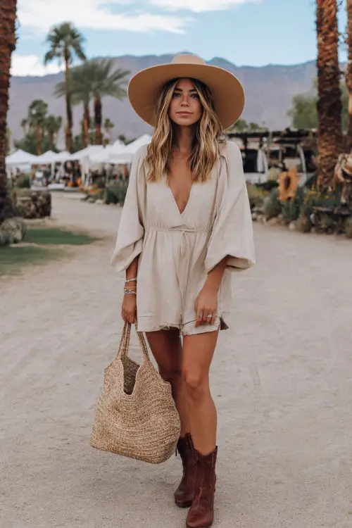 Boho festival street style, woman wearing beige linen two-piece set, oversized straw hat, leather ankle boots