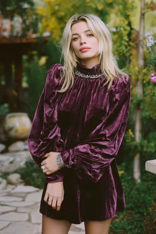 Chic rocker cocktail dress outfit for a spring wedding, plum purple velvet mini dress with dramatic sleeves, silver jewelry