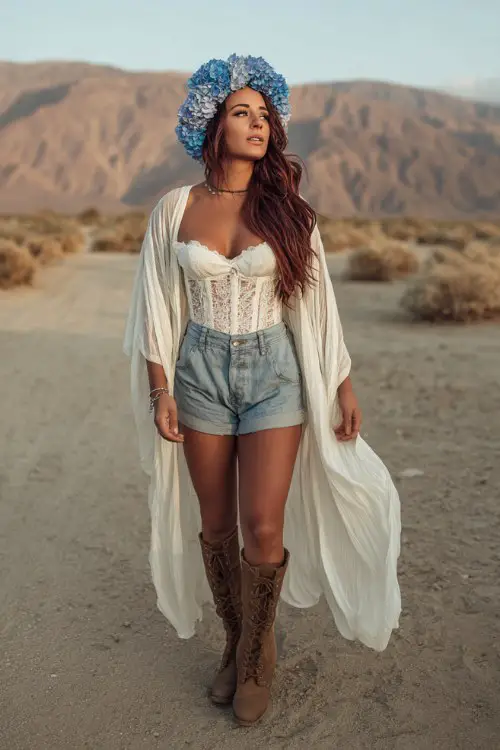 Coachella sunset look featuring a blue hydrangea flower crown, white lace corset top, vintage high-waisted denim shorts, sheer oversized kimono flowing in the wind, brown combat boots