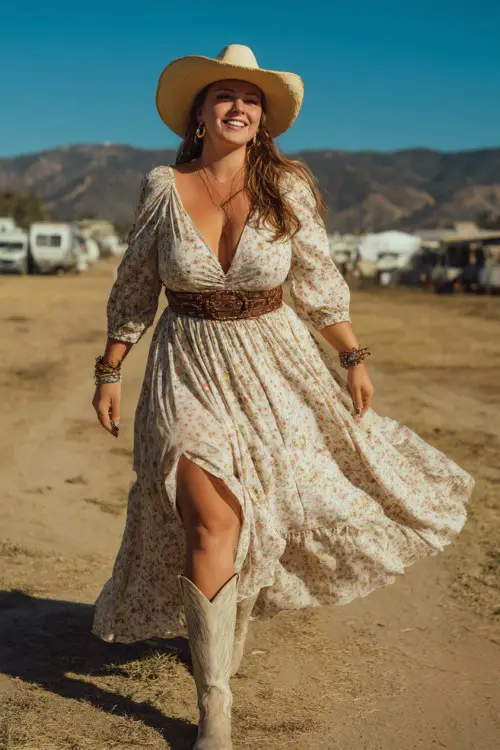 Curvy woman wearing a flowing cream floral prairie dress with a deep V neckline, wide leather waist belt, stacked beaded bracelets, hoop earrings, straw cowboy hat, embroidered western boots