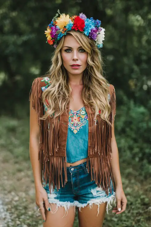 Edgy boho outfit with fringe vest, distressed denim shorts, bold multicolor flower crown