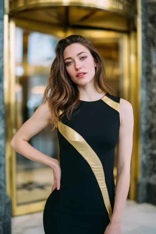 Edgy formal spring wedding guest dress, fitted black cocktail dress with bold gold diagonal detail, luxury hotel entrance background, confident runway pose