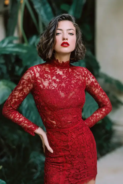 Edgy romantic rocker wedding guest look, fitted red lace cocktail dress with high neckline and long sleeves, bold lipstick