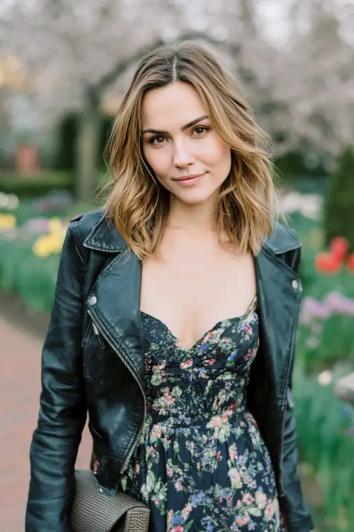 Edgy yet elegant rocker wedding guest look for spring, woman wearing a dark floral cocktail dress with leather moto jacket and chunky boots