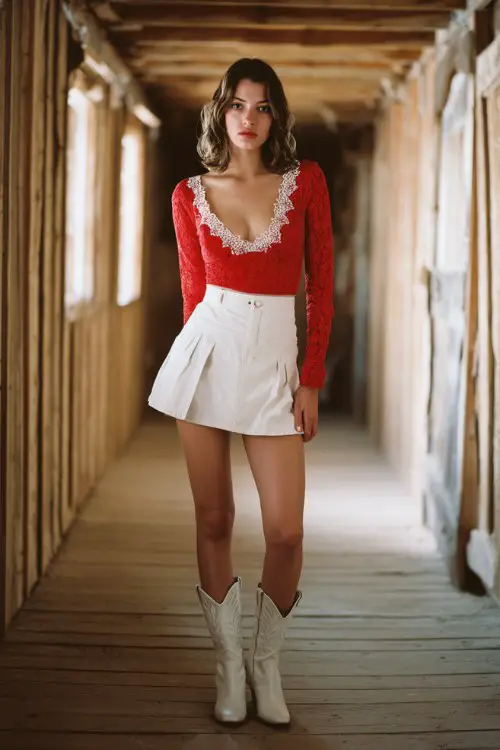 Fashion model wearing a red lace long-sleeve top with a deep V neckline and scalloped edges, paired with a high-waisted white pleated mini skirt and white cowboy boots