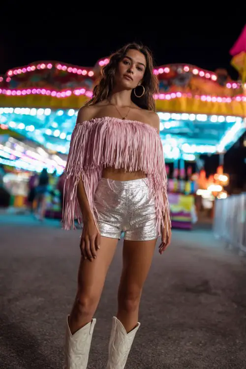 Fashion model wearing an off-shoulder pink fringe crop top with long layered tassels, shiny metallic silver high-waisted shorts, large hoop earrings, paired with white cowboy boots