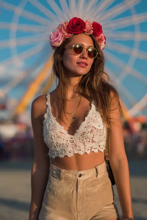 Festival look featuring crochet crop top and high-waisted suede shorts, bold red and pink flower crown, round sunglasses (3)
