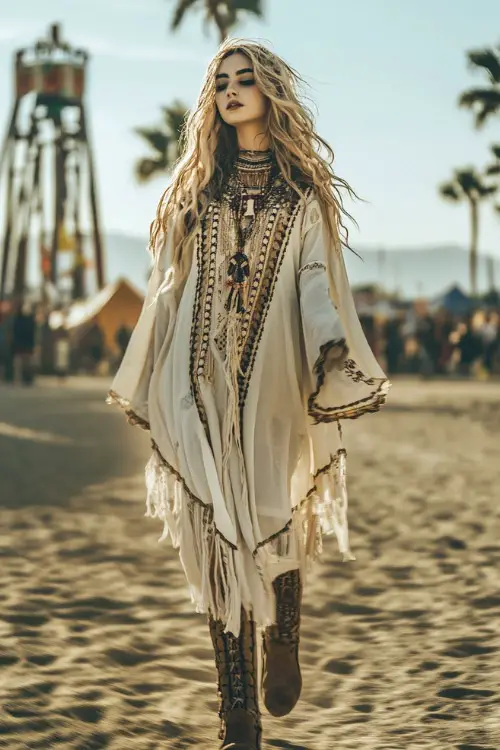 Modest Coachella outfit featuring a long boho kimono over a high-neck dress with embroidered trim, styled with ankle boots and natural makeup