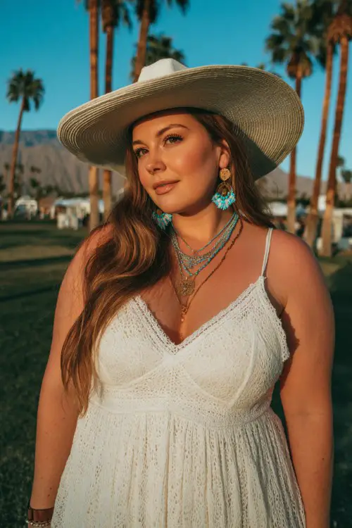 Plus size woman at Coachella wearing a flowing ivory crochet maxi dress, layered turquoise jewelry, oversized sun hat, desert sunset lighting, carefree bohemian vibe