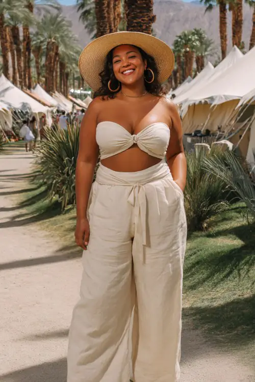 Plus size woman in a beige linen two-piece set with bandeau top and wide-leg pants, straw hat, gold hoops