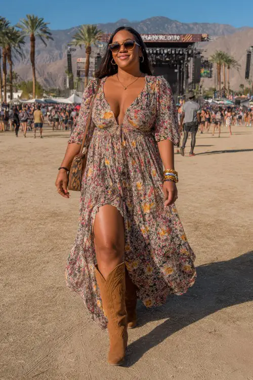 Plus size woman in a flowy floral maxi dress with thigh slit, suede ankle boots, oversized sunglasses, stacked bracelets
