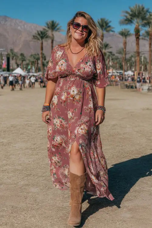 Plus size woman in a flowy floral maxi dress with thigh slit, suede ankle boots, oversized sunglasses, stacked bracelets (3)